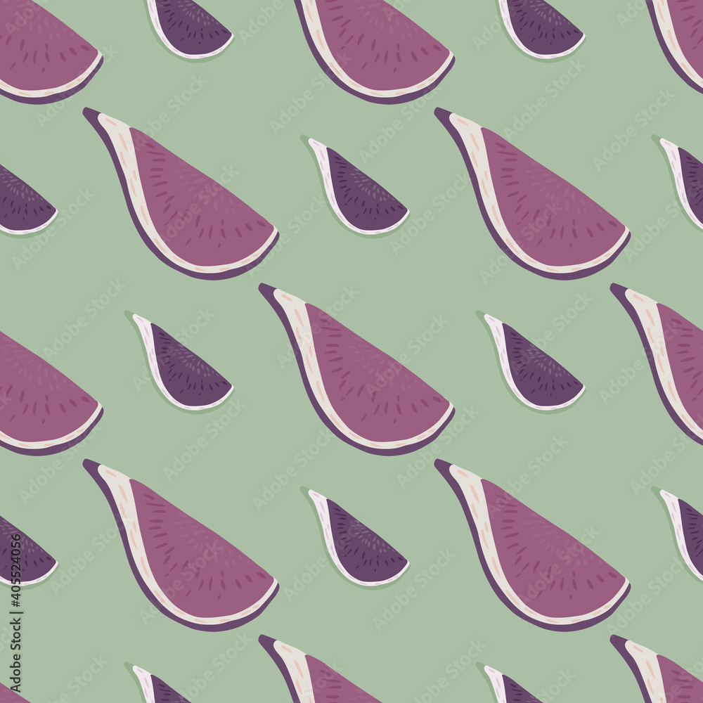Pastel tones seamless doodle pattern with fig purple pastel ornament. Light green background. Pastel tones seamless doodle pattern with fig purple pastel ornament. Light green background.