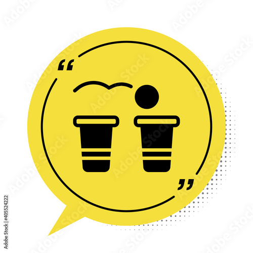 Black Beer pong game icon isolated on white background. Alcohol party game. Yellow speech bubble symbol. Vector.