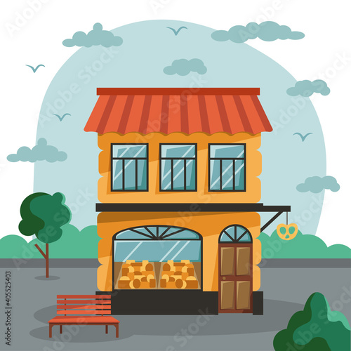 Urban landscape with bakery shop. Facade store building in flat style. Urban small shop isolated on white background. Vector illustration