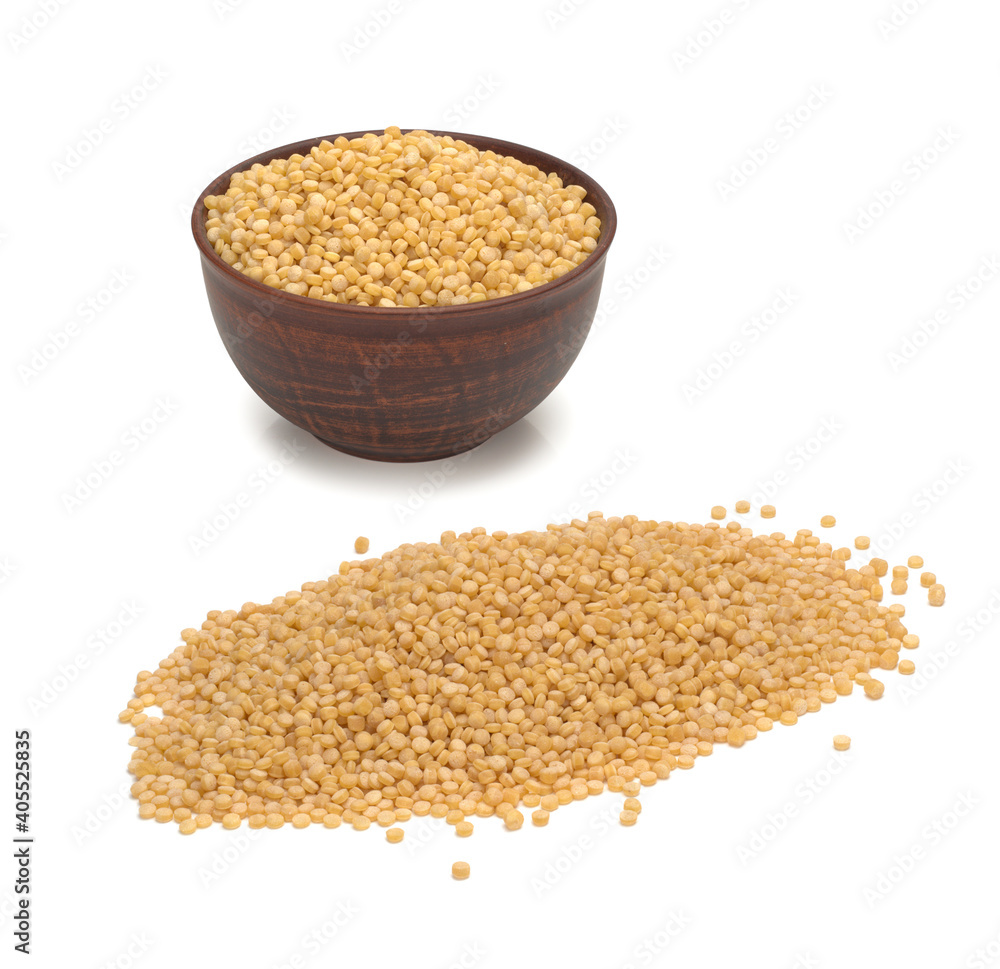 Raw Dry Organic Couscous in a Bowl and on white background, Israeli couscous, ptitim Raw Dry Organic Couscous in a Bowl and on white background, Israeli couscous, ptitim