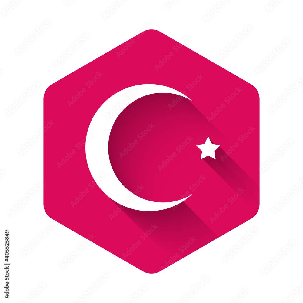 White Star and crescent - symbol of Islam icon isolated with long shadow background. Religion symbol. Pink hexagon button. Vector. White Star and crescent - symbol of Islam icon isolated with long shadow background. Religion symbol. Pink hexagon button. Vector.