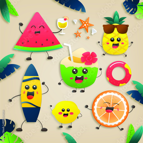 Set cute fruit cartoon design with vector watermelon, pineapple, orange, lemon, coconut, orange juice, surfboard, and swim ring characters. Colorful fruit summer vacation theme vector illustration.