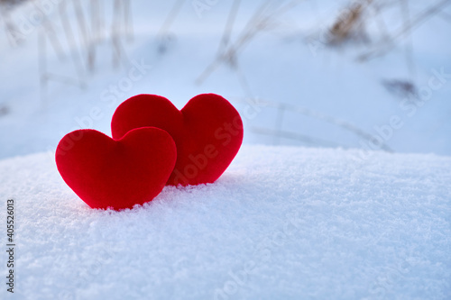 Two red hot hearts lies on the cold snow.