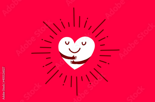 Vector red cute happy heart character with smile and hands hugging self