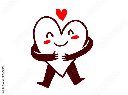 Vector red cute happy heart character with hands hugging self and smile