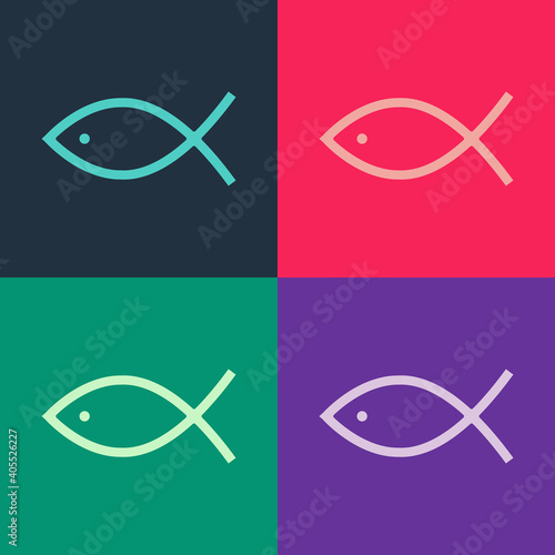 Pop art Christian fish symbol icon isolated on color background. Jesus fish symbol. Vector.