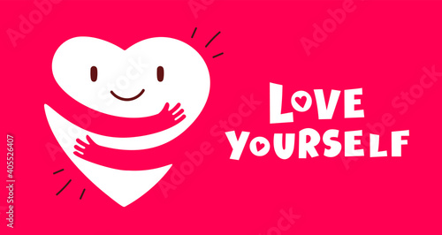 Vector cartoon cute happy heart character with smile and hands hugging self