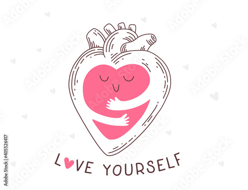 Vector cartoon human internal organ, anatomic heart with arms hugging self, self care and love yourself
