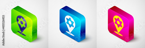 Isometric Star of David icon isolated on grey background. Jewish religion symbol. Symbol of Israel. Square button. Vector.