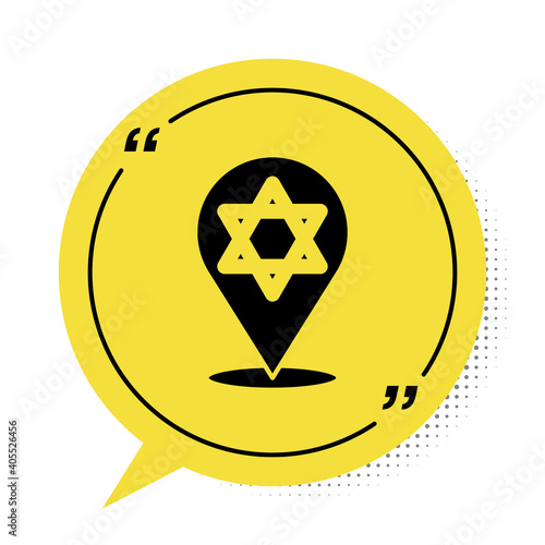 Black Star of David icon isolated on white background. Jewish religion symbol. Symbol of Israel. Yellow speech bubble symbol. Vector.