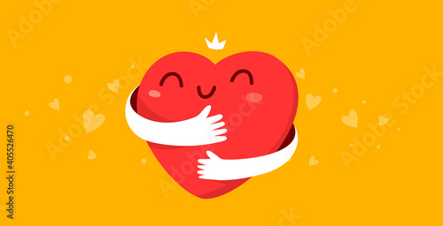 Vector cartoon cute happy heart character with smile and hands hugging self