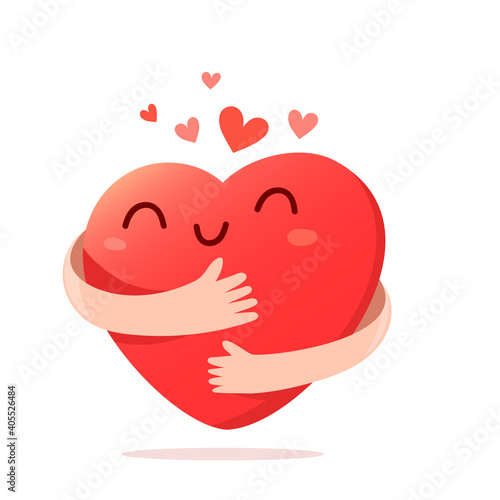 Vector cartoon cute happy heart character with smile and hands hugging self