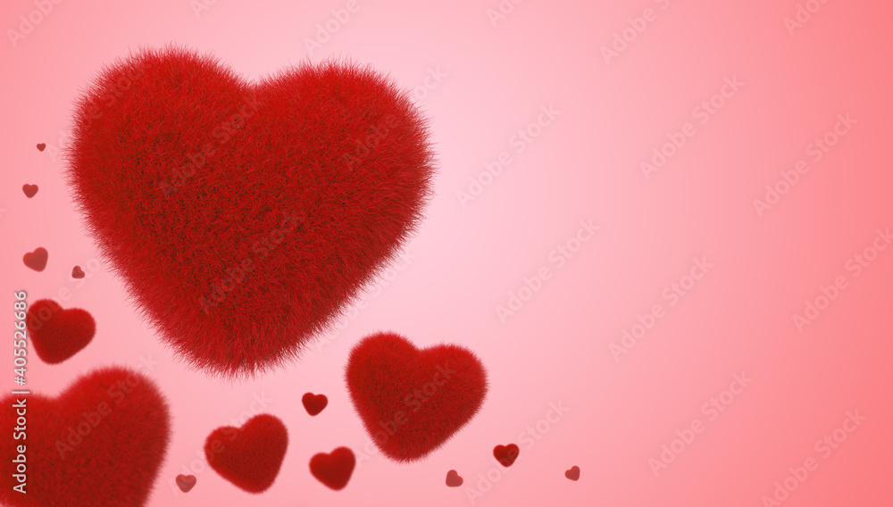 A red fur heart for Valentine concept, 3D rendering. 
