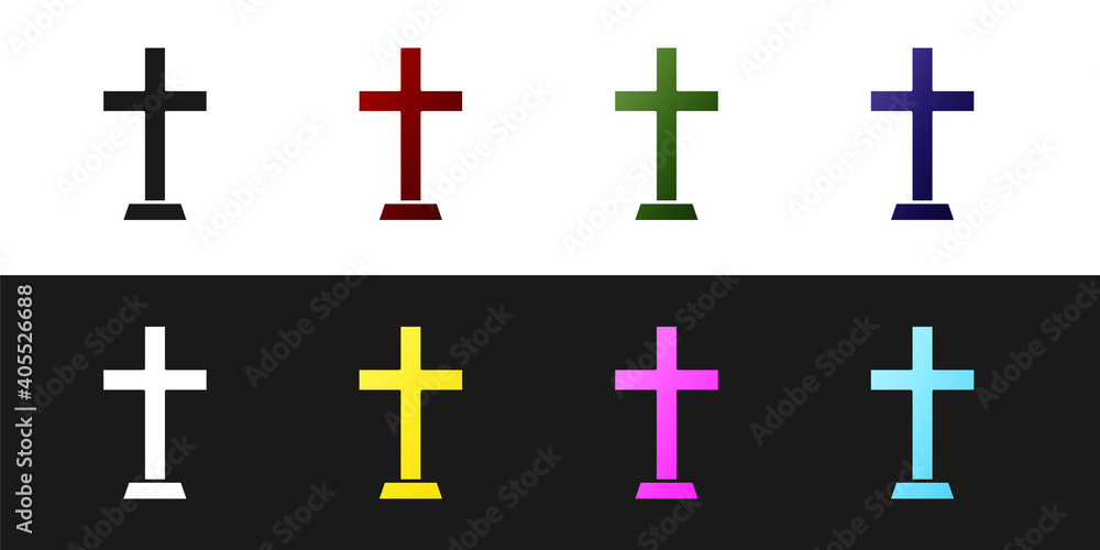 Set Christian cross icon isolated on black and white background. Church cross. Vector.
