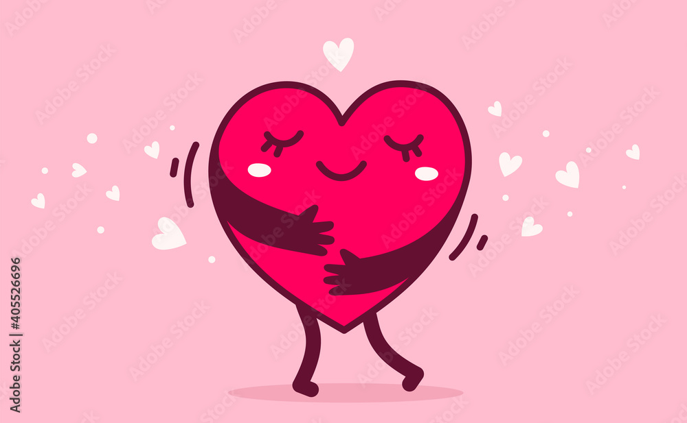 Vector red cute happy heart character with hands hugging self Vector red cute happy heart character with hands hugging self