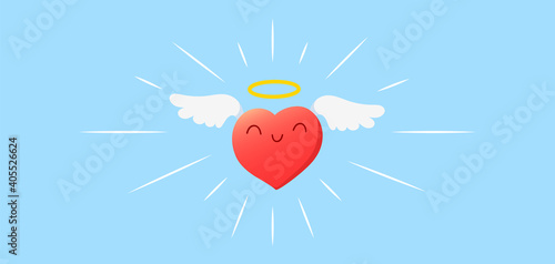 Vector cartoon cute happy holy heart character with wings and nimbus