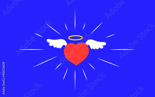 Vector cartoon cute holy red heart with wings and nimbus