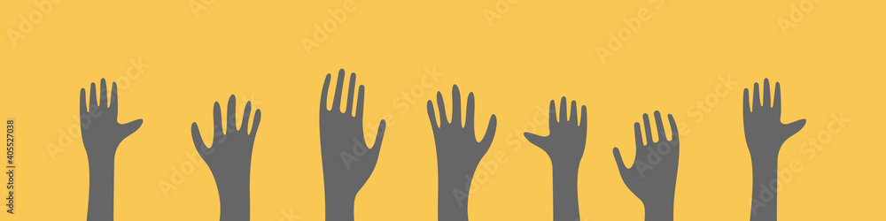 Raised hands silhouettes on yellow background. Community concept in trendy colors. Vector illustration. Raised hands silhouettes on yellow background. Community concept in trendy colors. Vector illustration.