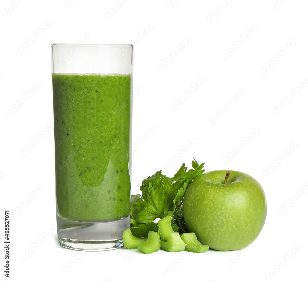 Green juice and fresh ingredients on white background Green juice and fresh ingredients on white background
