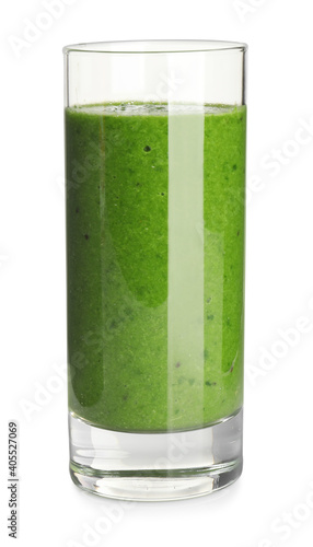 Fresh green juice in glass isolated on white