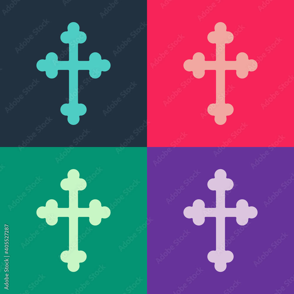 Pop art Christian cross icon isolated on color background. Church cross. Vector. Pop art Christian cross icon isolated on color background. Church cross. Vector.