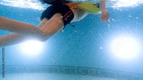 Underwater view on cute little boy in infltable ring swimming in pool. Concept of children healthcare and sports. photo