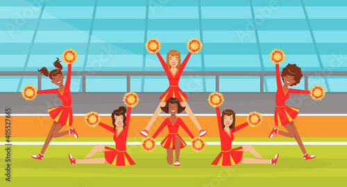 Cheerleading Team Dancing Together with Pom Poms, Fans Girls in Red Uniform Performing on Football Stadium Outdoors Vector Illustration