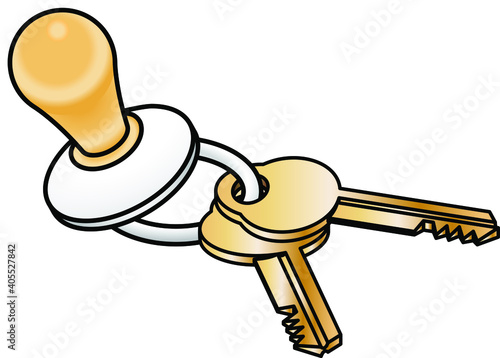 A pacifier with two brass keys.