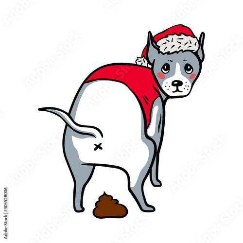 Pooping dog. Dog in a santa hat. Merry christmas and happy new year vector illustration in cartoon style. Sarcasm. Sarcastic vector illustration in cartoon style © Olga Boat Design