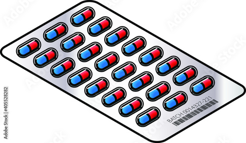 Medicine capsules - 24 red and blue caps in a foil blister pack.