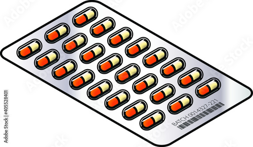 Medicine capsules - 24 orange and cream caps in a foil blister pack.