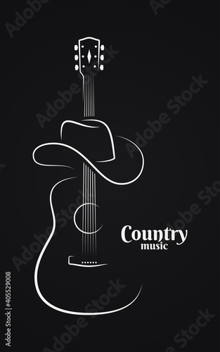 Country music sign. Cowboy hat with guitar