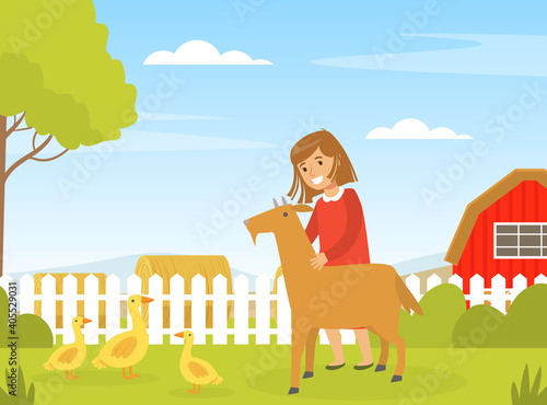 Cute Girl Playing with Goat on Farm Yard, Kid Interacting with Domestic Animal in Petting Zoo Cartoon Vector Illustration.