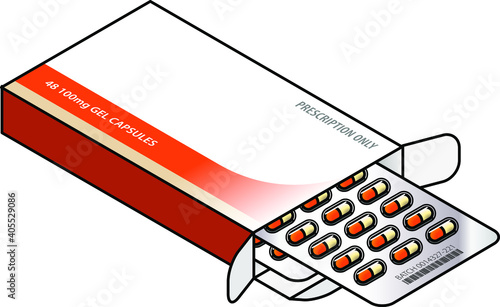 A box of medicine capsules - 24 orange and cream caps in blister packs.