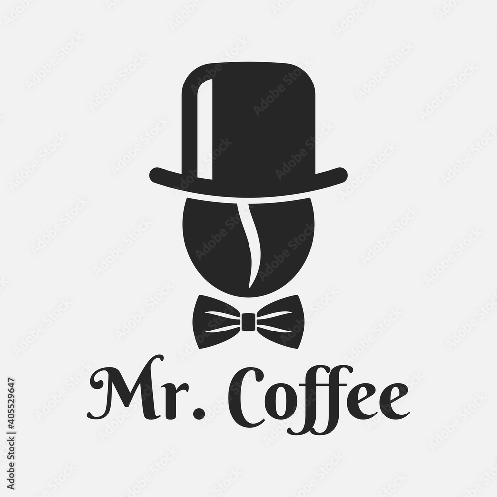 Coffee bean with hat logo. Mister Coffee on white Coffee bean with hat logo. Mister Coffee on white