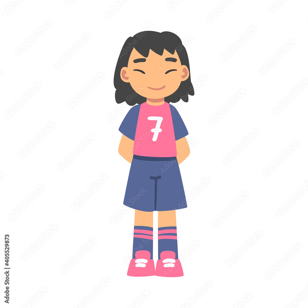 Cute Kid Soccer Player Character, Little Girl in Red and Blue Sports Uniform Playing Football, School Sports Activity, Football Academy Concept Cartoon Style Vector Illustration Cute Kid Soccer Player Character, Little Girl in Red and Blue Sports Uniform Playing Football, School Sports Activity, Football Academy Concept Cartoon Style Vector Illustration