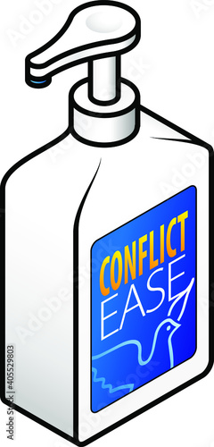 Personal development concept: pump pack marked "Conflict Ease." Conflict resolution in a bottle.