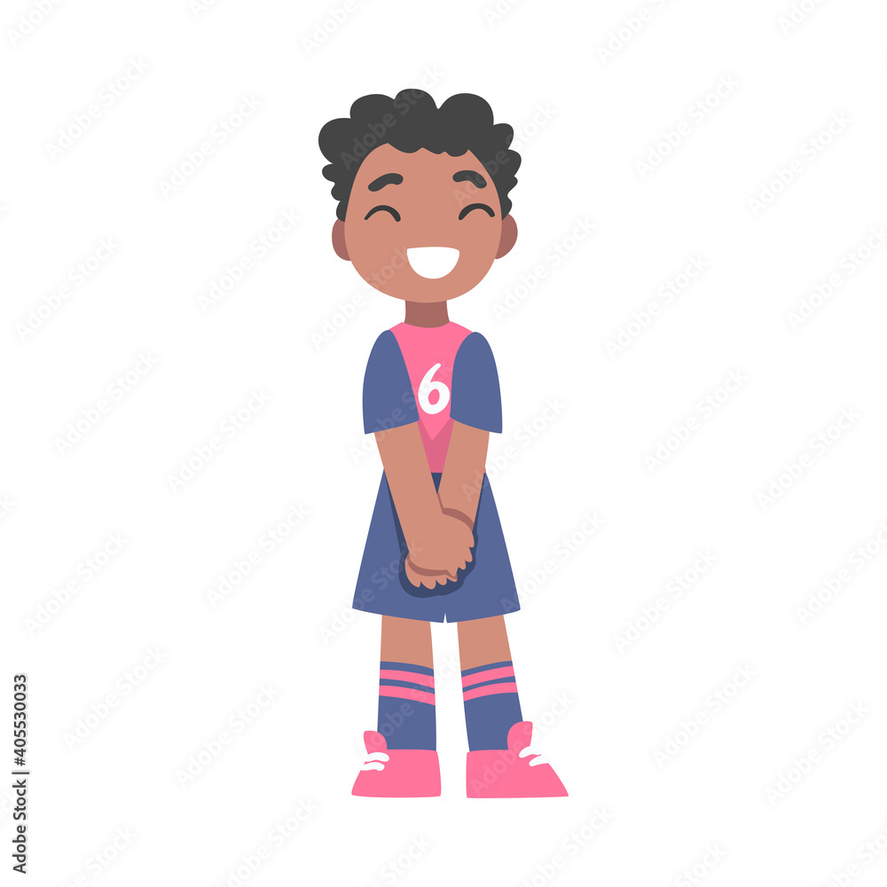 Cute Kid Soccer Player Character, Little African American Boy in Sports Uniform Playing Football in School Sports Team Cartoon Style Vector Illustration Cute Kid Soccer Player Character, Little African American Boy in Sports Uniform Playing Football in School Sports Team Cartoon Style Vector Illustration