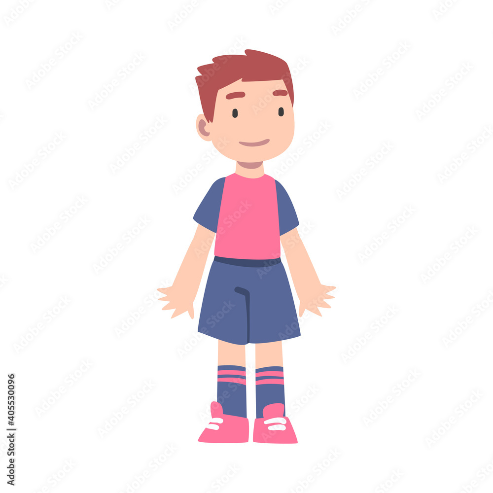 Cute Kid Soccer Player Character, Boy in Red and Blue Sports Uniform Playing Football, School Sports Activity, Football Academy Cartoon Style Vector Illustration