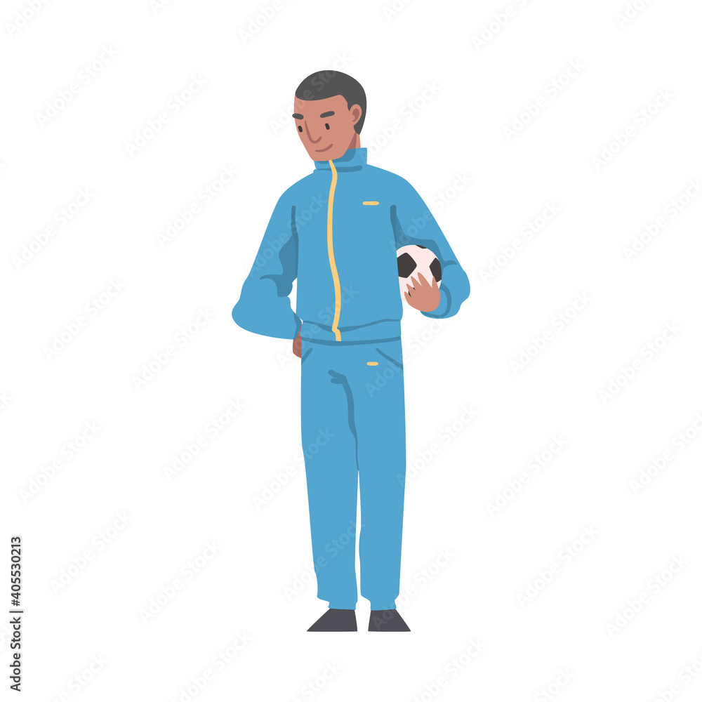 Soccer Coach, Football Trainer in Sports Uniform Standing with Soccer Ball Cartoon Style Vector Illustration Soccer Coach, Football Trainer in Sports Uniform Standing with Soccer Ball Cartoon Style Vector Illustration