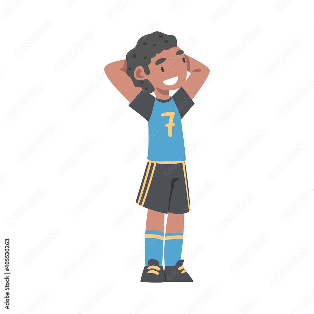 Cute Kid Soccer Player Character, Happy African American Boy in Sports Uniform Playing Football on School Sports Field Cartoon Style Vector Illustration