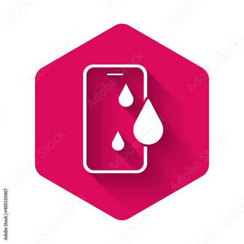 White Waterproof mobile phone icon isolated with long shadow background. Smartphone with drop of water. Pink hexagon button. Vector.