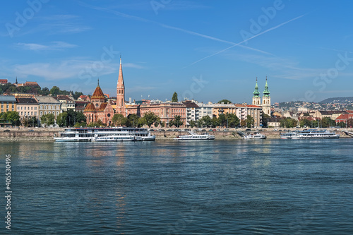 View on right bank of Danube with Calvinist Church and St. Anne Parish Church in Budapest, Hungary