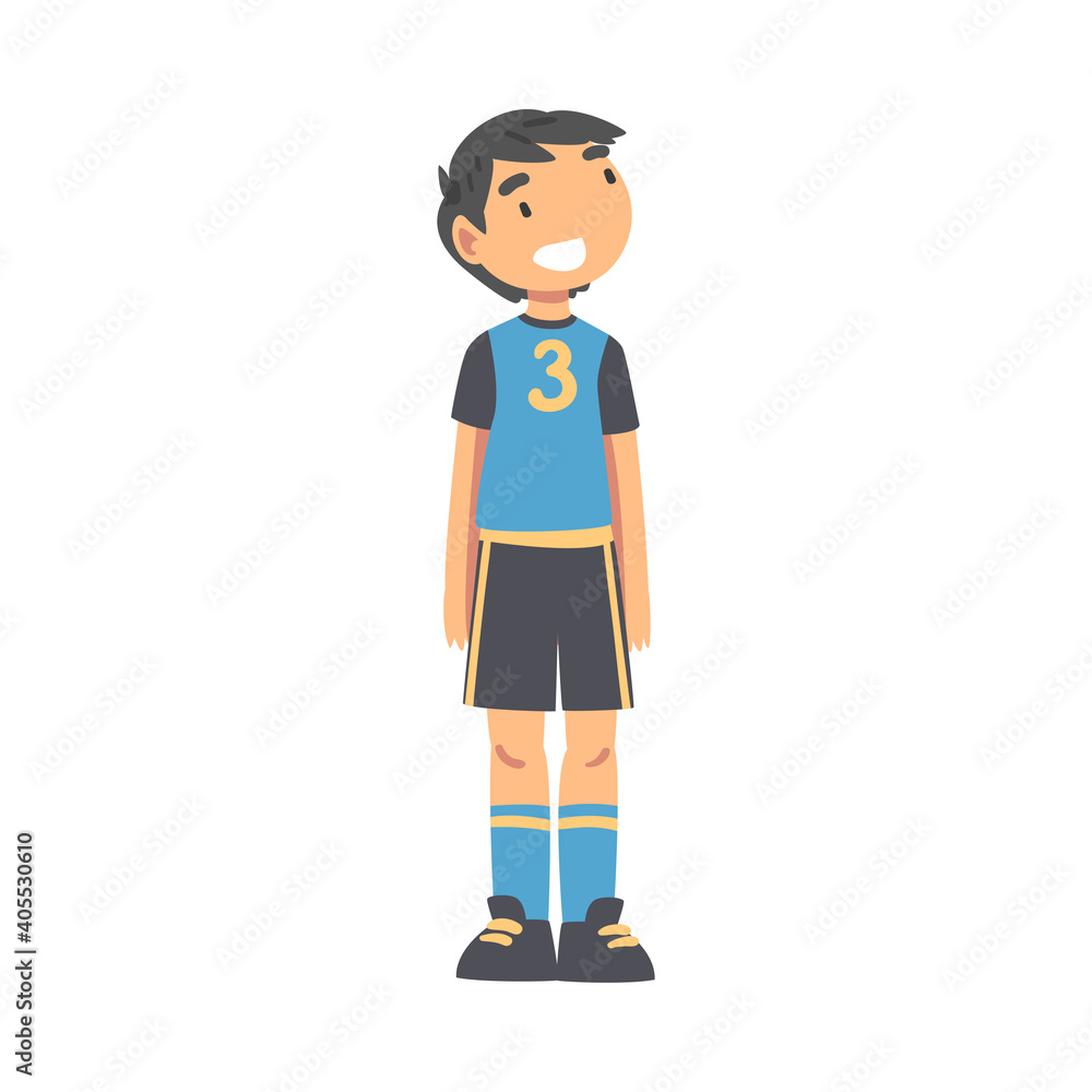 Fototapeta premium Kid Soccer Player Character, Happy Smiling Little Boy in Black and Blue Sports Uniform Playing Soccer in School Sports Team Cartoon Style Vector Illustration