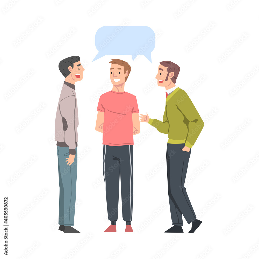 Group of Men Talking to Each Other with Speech Bubbles, Friends or Colleagues Talking, Gossiping, Sharing Impressions Cartoon Style Vector Illustration