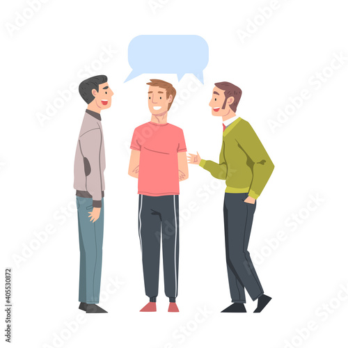 Group of Men Talking to Each Other with Speech Bubbles, Friends or Colleagues Talking, Gossiping, Sharing Impressions Cartoon Style Vector Illustration