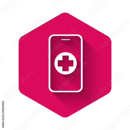 White Phone repair service icon isolated with long shadow background. Adjusting, service, setting, maintenance, repair, fixing. Pink hexagon button. Vector.