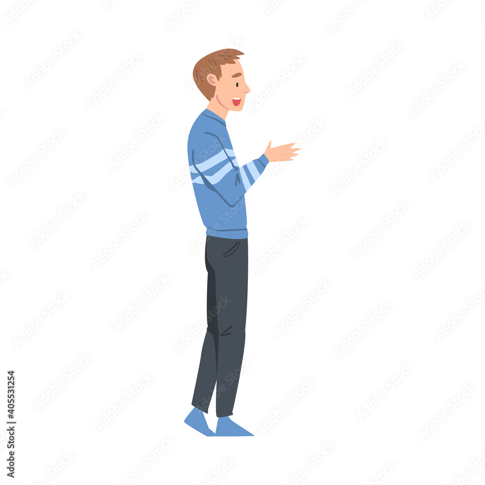 Young Man Talking to Someone and Gesturing, Male Person Talking or Sharing Impressions Cartoon Style Vector Illustration Young Man Talking to Someone and Gesturing, Male Person Talking or Sharing Impressions Cartoon Style Vector Illustration