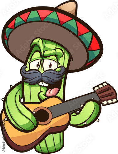 Mexican cactus playing guitar cartoon. Vector clip art illustration with simple gradients. Some elements on separate layers.
