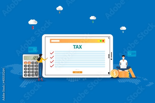 Business concept of online tax, young man and woman wear a medical face mask and working on the electronic devices both tablet and laptop to check the list of tax and calculate for this physical year.